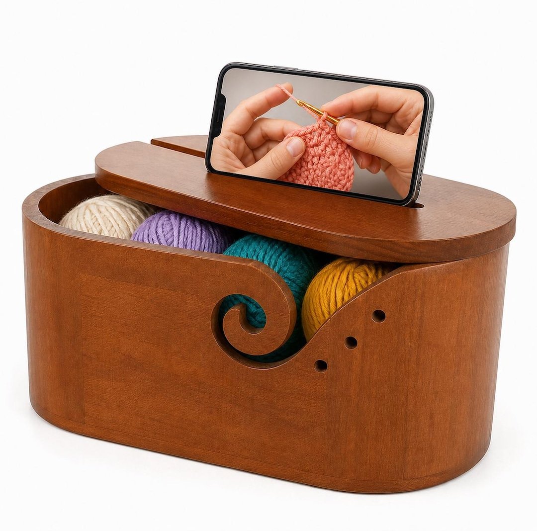 Pine Wood Yarn Bowl with Lid & Phone Stand